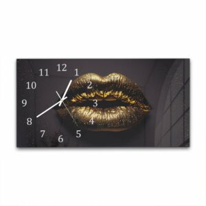 Wandklok 60x30 Gouden lippen op zwarte achtergrond